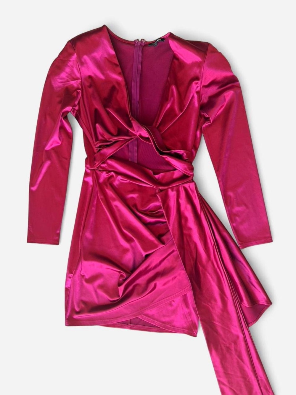 Fashion Nova Fuchsia Satin Long-Sleeve Wrap Mini Dress - Picture 7 of 7